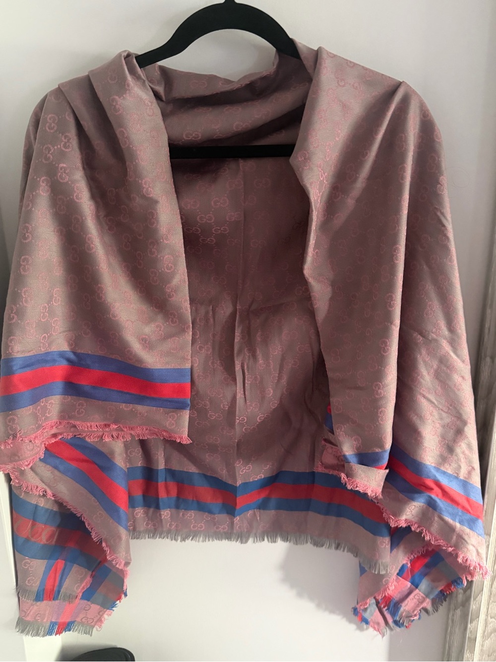 Gucci Pink Shawl with Blue and Red Stripe Trim